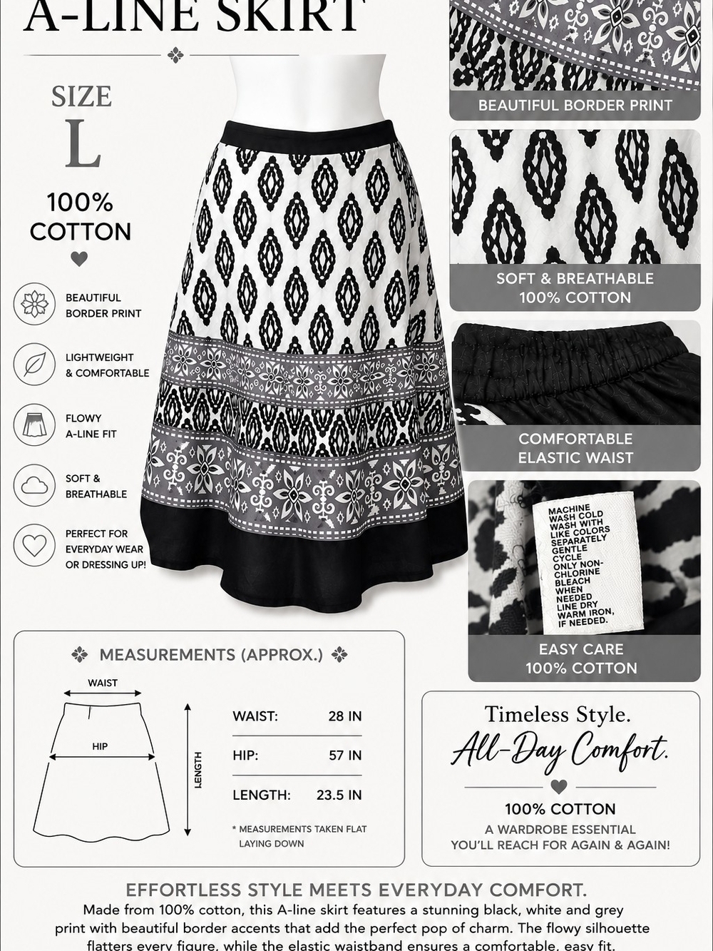 Black & White A-Line Skirt - Breathable 100% Cotton